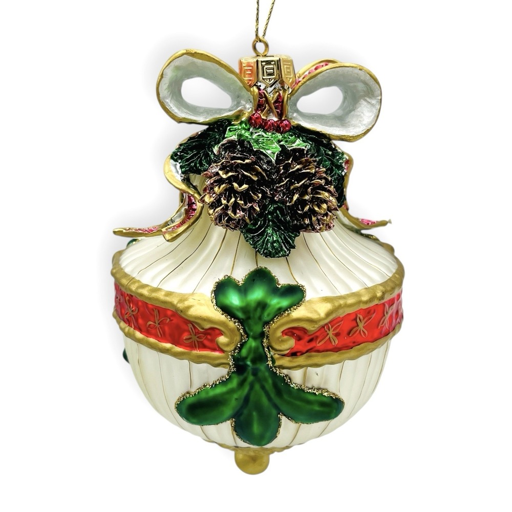 Fitz & Floyd Glass Ornament Pinecone Christmas Ball Bow Today's Treasure Red